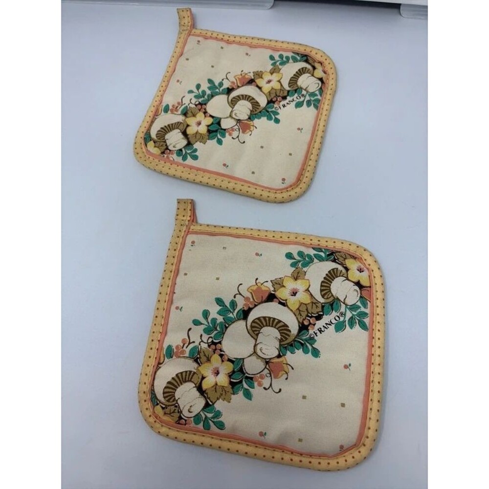 Vintage Franco Mushrooms Pot Holder Set 70s Cottagecore Floral Polka Dot Retro